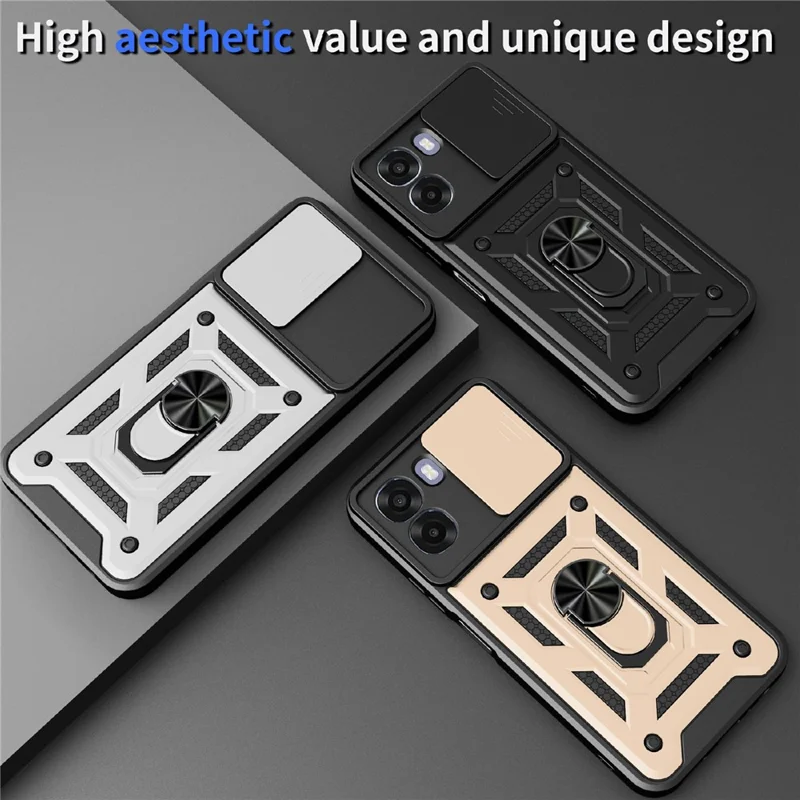 For Oppo A6x 4G / A6x 5G Case with Slide Camera Lid PC + TPU Kickstand Phone Cover - Black