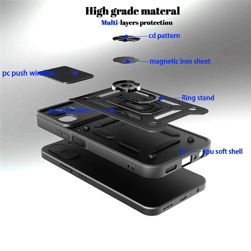 For Oppo A6x 4G / A6x 5G Case with Slide Camera Lid PC + TPU Kickstand Phone Cover - Black