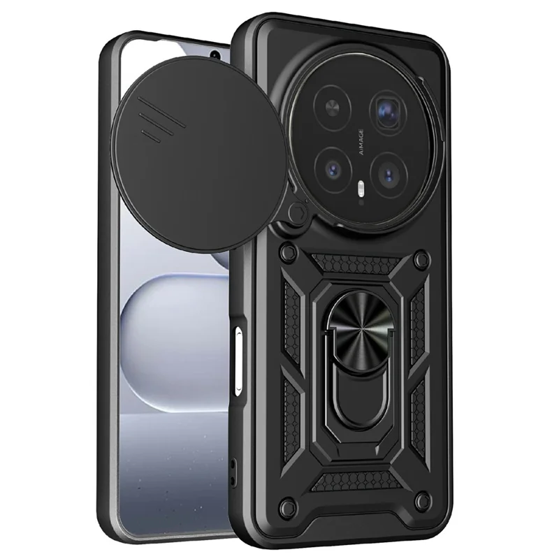 For Honor Magic8 Pro 5G Case with Slide Camera Lid PC + TPU Kickstand Phone Cover - Black
