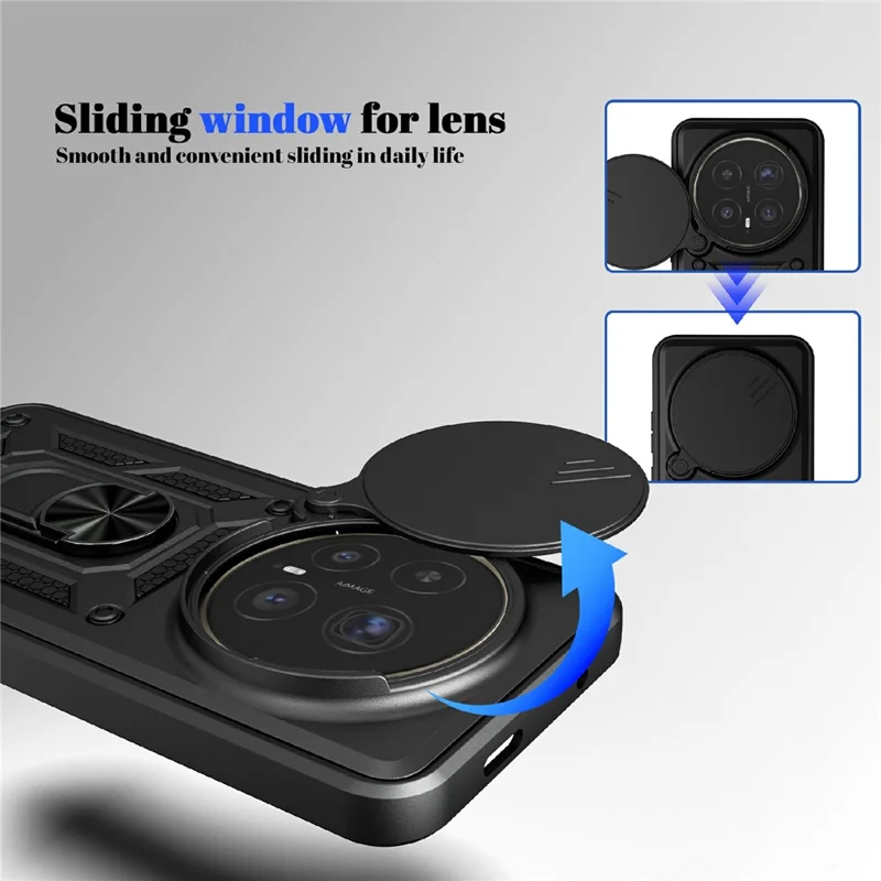 For Honor Magic8 Pro 5G Case with Slide Camera Lid PC + TPU Kickstand Phone Cover - Black