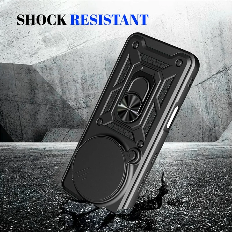 For Honor Magic8 Pro 5G Case with Slide Camera Lid PC + TPU Kickstand Phone Cover - Black