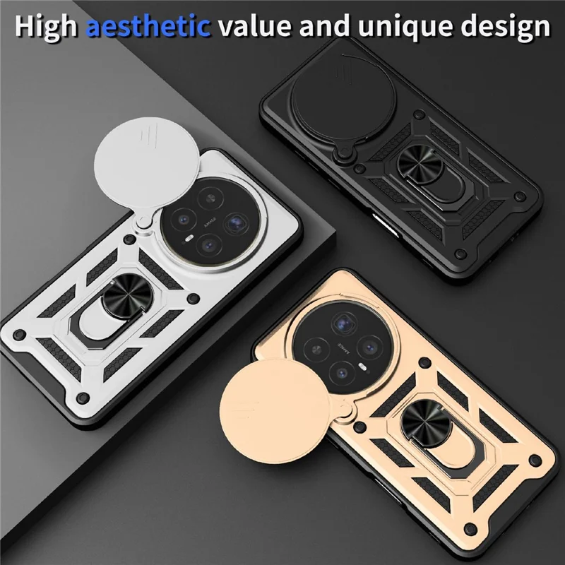 For Honor Magic8 Pro 5G Case with Slide Camera Lid PC + TPU Kickstand Phone Cover - Black