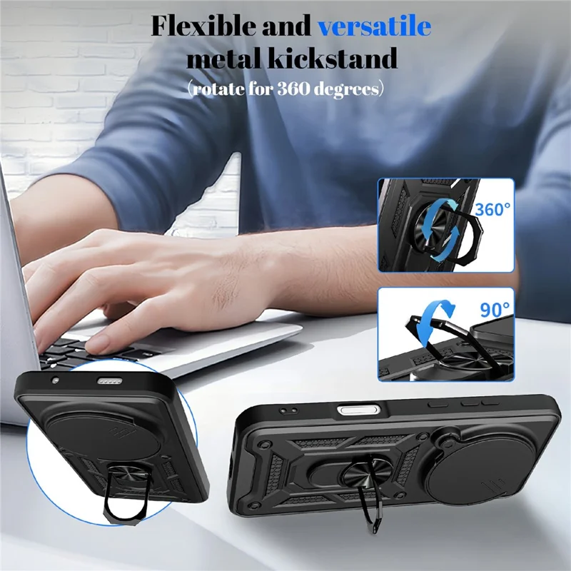 For Honor Magic8 Pro 5G Case with Slide Camera Lid PC + TPU Kickstand Phone Cover - Black