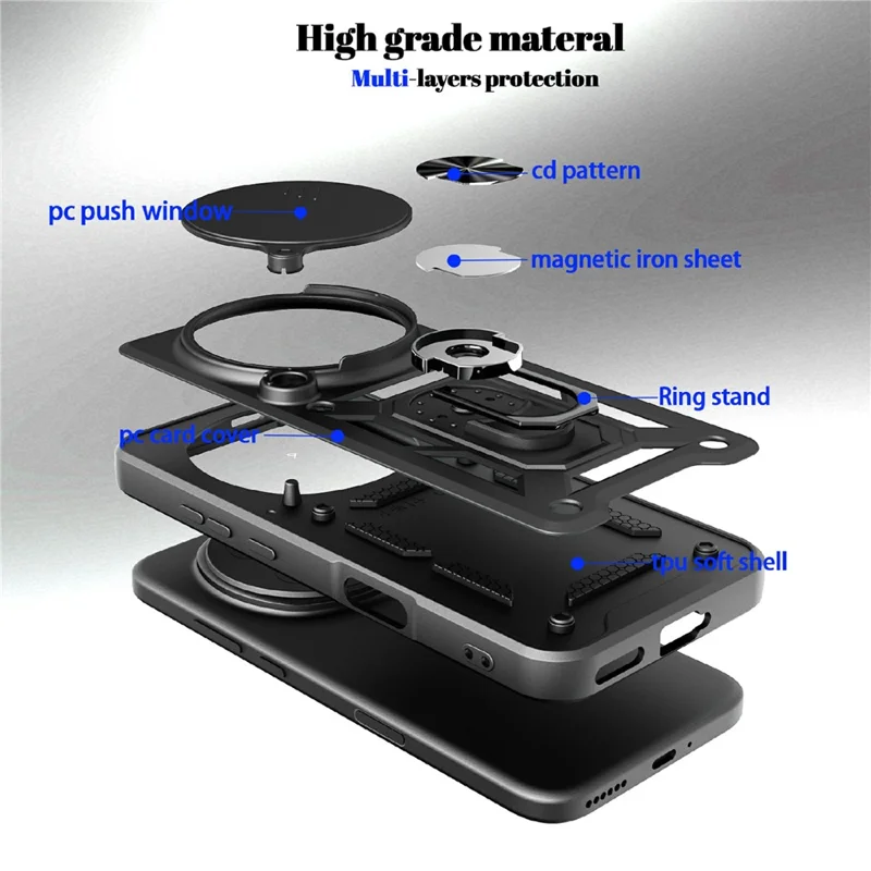 For Honor Magic8 Pro 5G Case with Slide Camera Lid PC + TPU Kickstand Phone Cover - Black