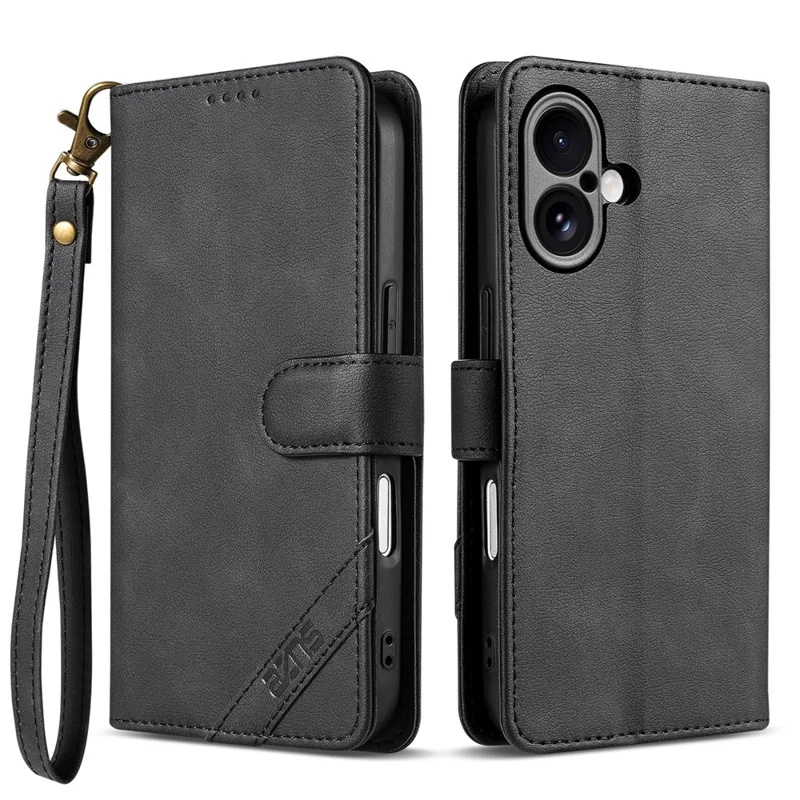AZNS A2 for iPhone 17 Leather Case with Wrist Strap RFID Blocking Wallet Stand Phone Cover - Black