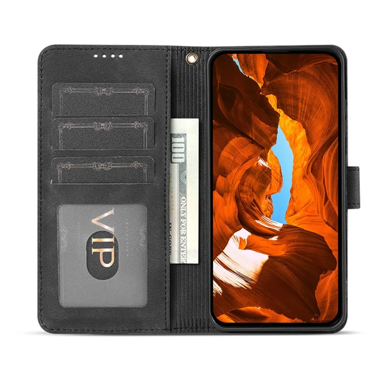 AZNS A2 for iPhone 17 Leather Case with Wrist Strap RFID Blocking Wallet Stand Phone Cover - Black