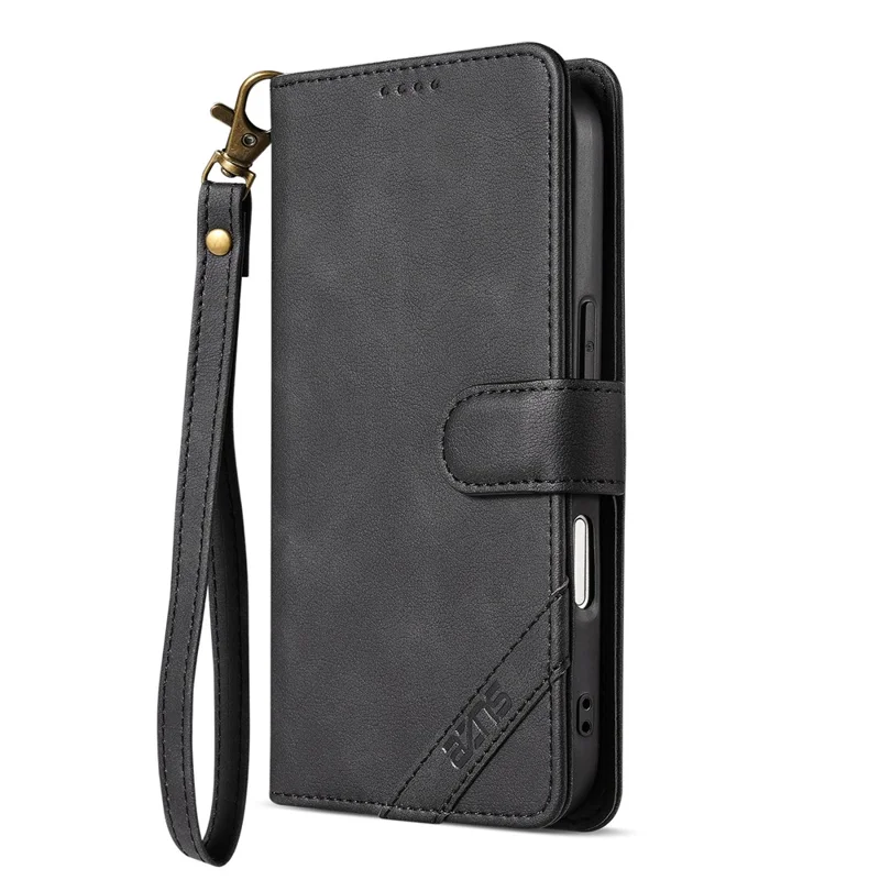 AZNS A2 for iPhone 17 Leather Case with Wrist Strap RFID Blocking Wallet Stand Phone Cover - Black