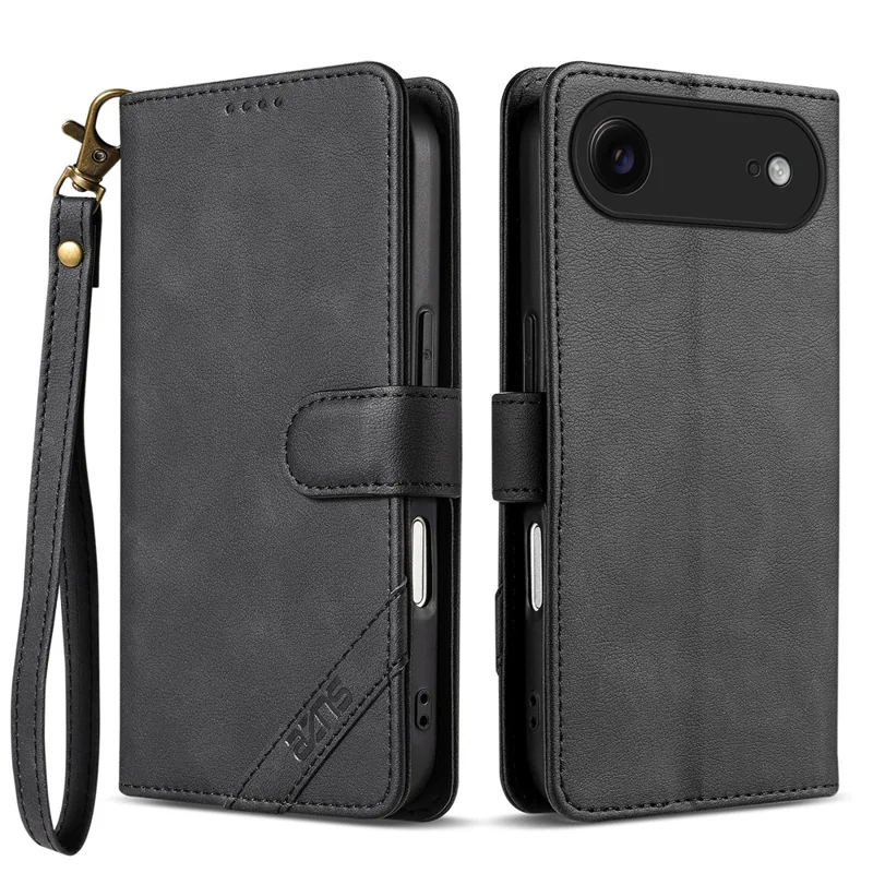 AZNS A2 for iPhone Air Leather Case with Wrist Strap RFID Blocking Wallet Stand Phone Cover - Black