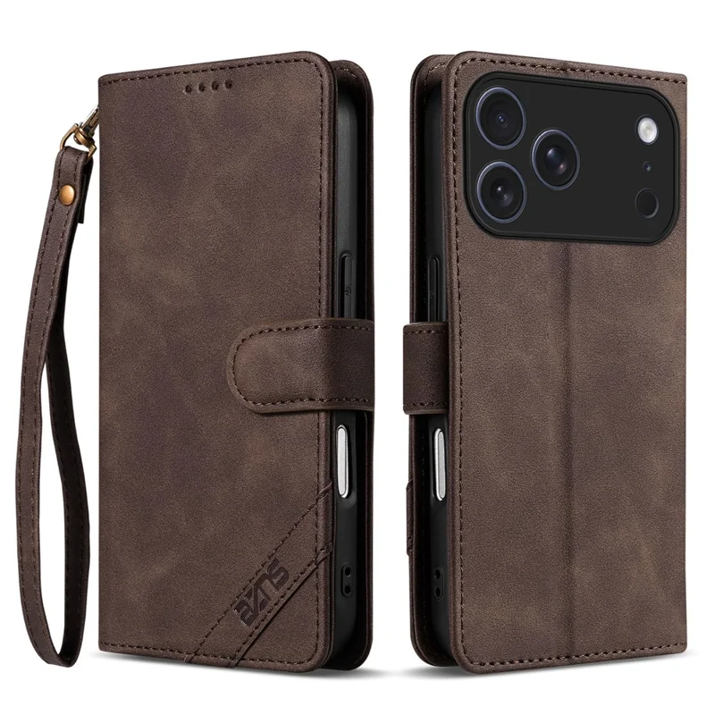 AZNS A2 for iPhone 17 Pro Leather Case with Wrist Strap RFID Blocking Wallet Stand Phone Cover - Brown