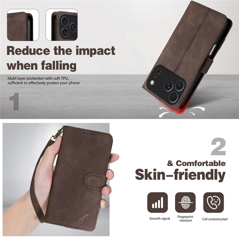 AZNS A2 for iPhone 17 Pro Leather Case with Wrist Strap RFID Blocking Wallet Stand Phone Cover - Brown