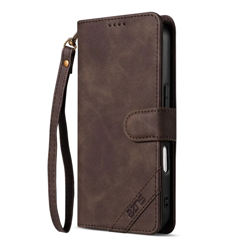 AZNS A2 for iPhone 17 Pro Leather Case with Wrist Strap RFID Blocking Wallet Stand Phone Cover - Brown