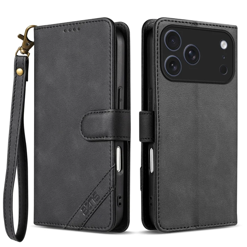 AZNS A2 for iPhone 17 Pro Max Leather Case with Wrist Strap RFID Blocking Wallet Stand Phone Cover - Black