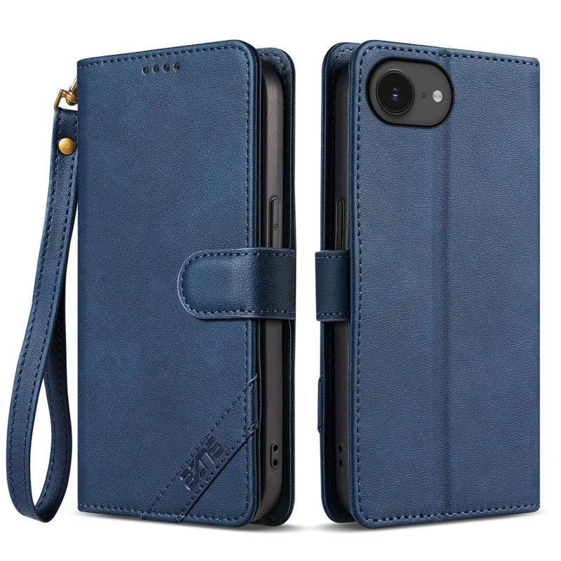 AZNS A2 for iPhone 17e  /  16e Leather Case with Wrist Strap RFID Blocking Wallet Stand Phone Cover - Blue