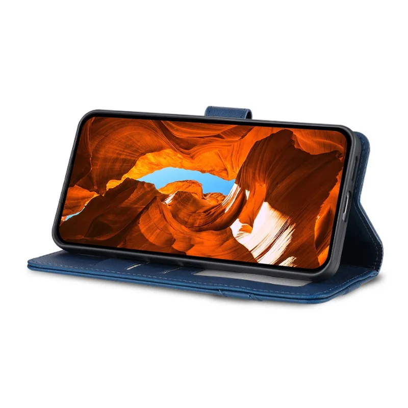 AZNS A2 for iPhone 17e  /  16e Leather Case with Wrist Strap RFID Blocking Wallet Stand Phone Cover - Blue