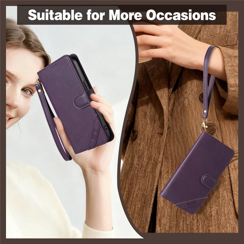 AZNS A2 for iPhone 17e  /  16e Leather Case with Wrist Strap RFID Blocking Wallet Stand Phone Cover - Blue