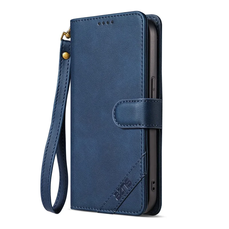 AZNS A2 for iPhone 17e  /  16e Leather Case with Wrist Strap RFID Blocking Wallet Stand Phone Cover - Blue