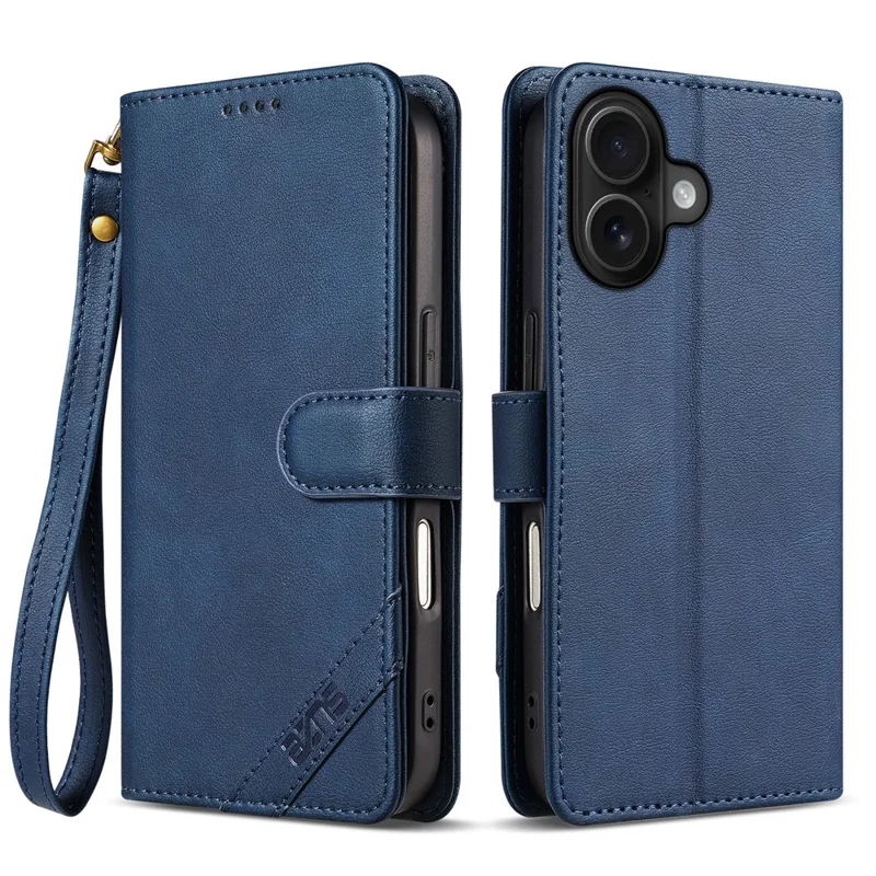 AZNS A2 for iPhone 16 Leather Case with Wrist Strap RFID Blocking Wallet Stand Phone Cover - Blue