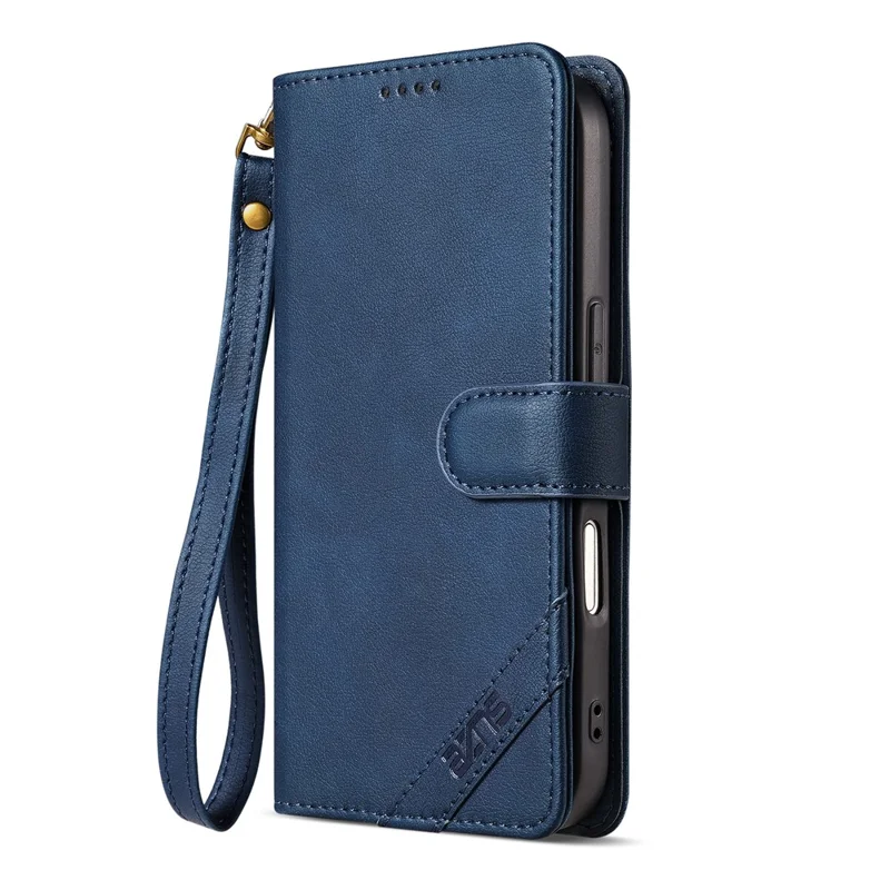 AZNS A2 for iPhone 16 Leather Case with Wrist Strap RFID Blocking Wallet Stand Phone Cover - Blue