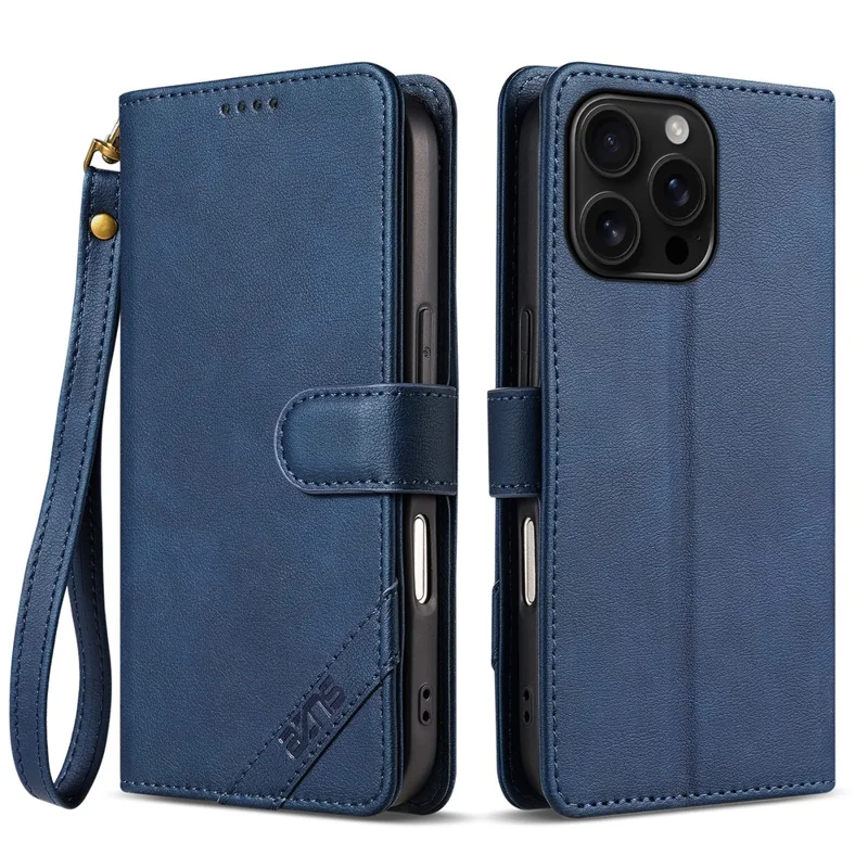 AZNS A2 for iPhone 16 Pro Leather Case with Wrist Strap RFID Blocking Wallet Stand Phone Cover - Blue