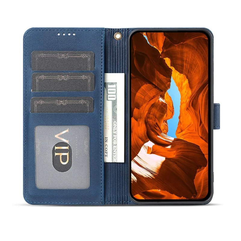 AZNS A2 for iPhone 16 Pro Leather Case with Wrist Strap RFID Blocking Wallet Stand Phone Cover - Blue