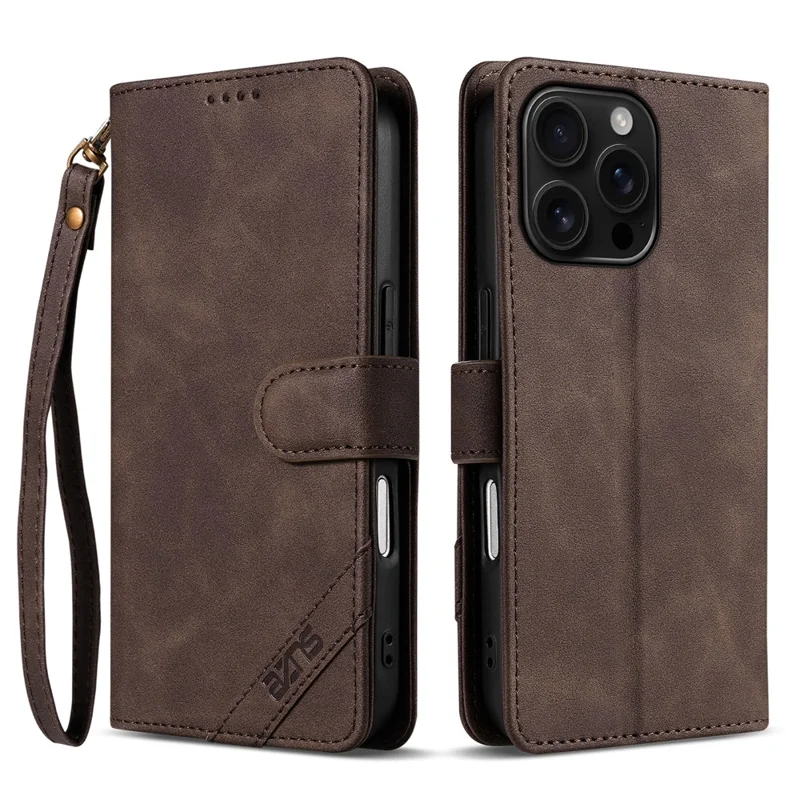 AZNS A2 for iPhone 16 Pro Max Leather Case with Wrist Strap RFID Blocking Wallet Stand Phone Cover - Brown