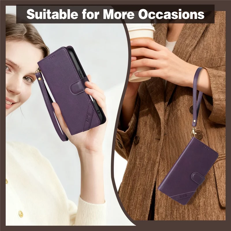 AZNS A2 for iPhone 16 Pro Max Leather Case with Wrist Strap RFID Blocking Wallet Stand Phone Cover - Brown