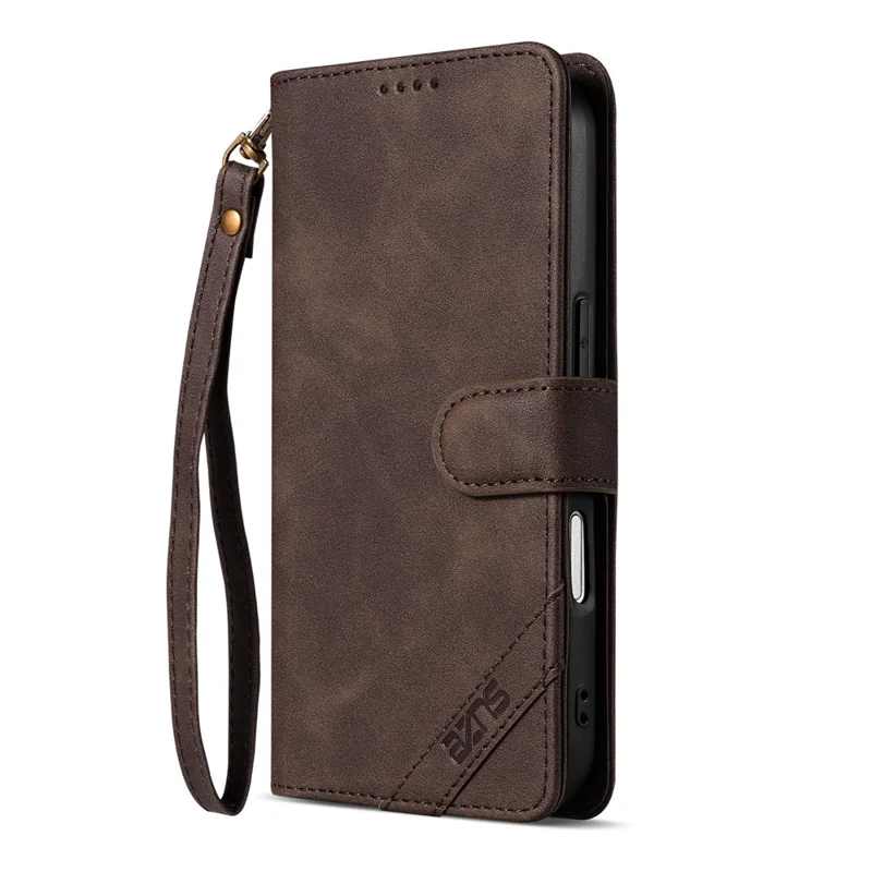 AZNS A2 for iPhone 16 Pro Max Leather Case with Wrist Strap RFID Blocking Wallet Stand Phone Cover - Brown