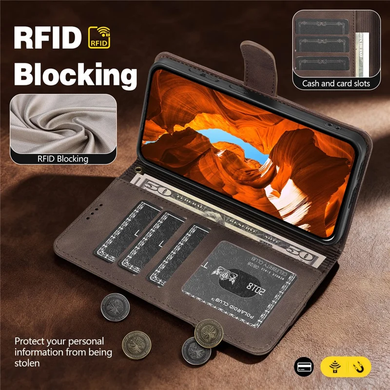 AZNS A2 for Oppo Reno14 5G (Global) Leather Case with Wrist Strap RFID Blocking Wallet Stand Phone Cover - Brown