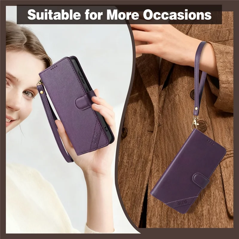 AZNS A2 for Oppo Reno14 5G (Global) Leather Case with Wrist Strap RFID Blocking Wallet Stand Phone Cover - Brown