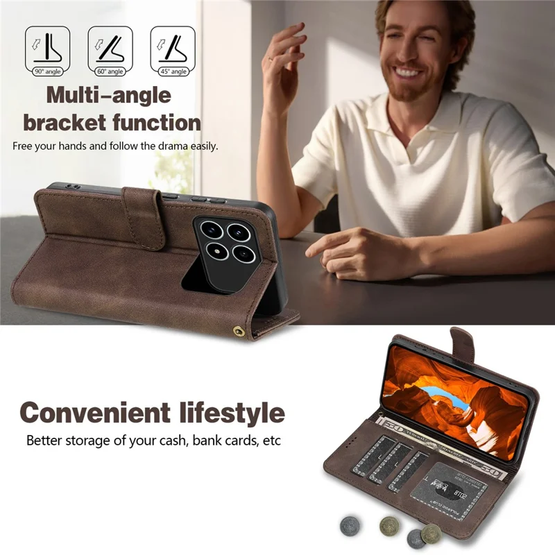 AZNS A2 for Xiaomi Redmi K90 5G  /  Poco F8 Pro 5G Leather Case with Wrist Strap RFID Blocking Wallet Stand Phone Cover - Brown