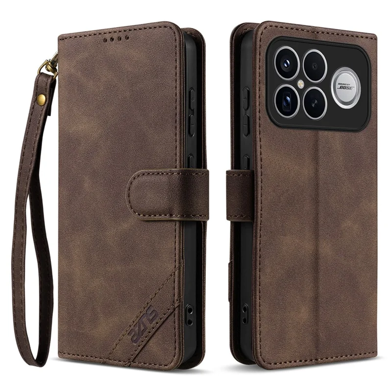 AZNS A2 for Xiaomi Redmi K90 Pro Max 5G  /  Poco F8 Ultra Leather Case with Wrist Strap RFID Blocking Wallet Stand Phone Cover - Brown