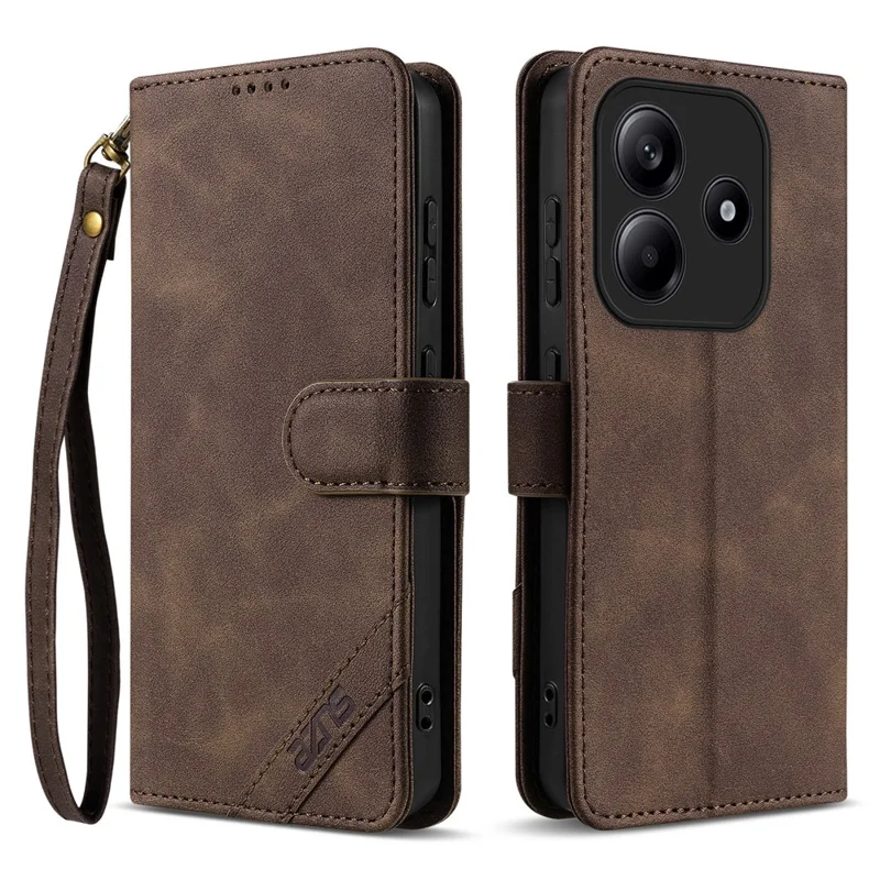 AZNS A2 for Xiaomi Redmi Note 14 5G Leather Case with Wrist Strap RFID Blocking Wallet Stand Phone Cover - Brown