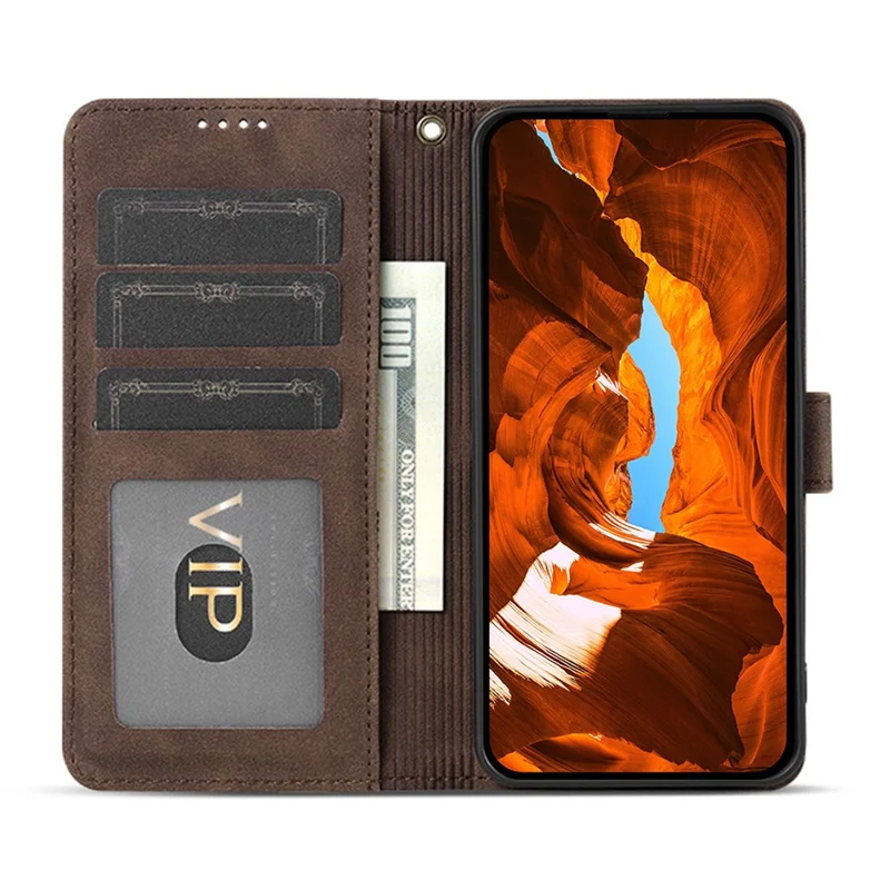 AZNS A2 for Xiaomi Redmi Note 14 5G Leather Case with Wrist Strap RFID Blocking Wallet Stand Phone Cover - Brown