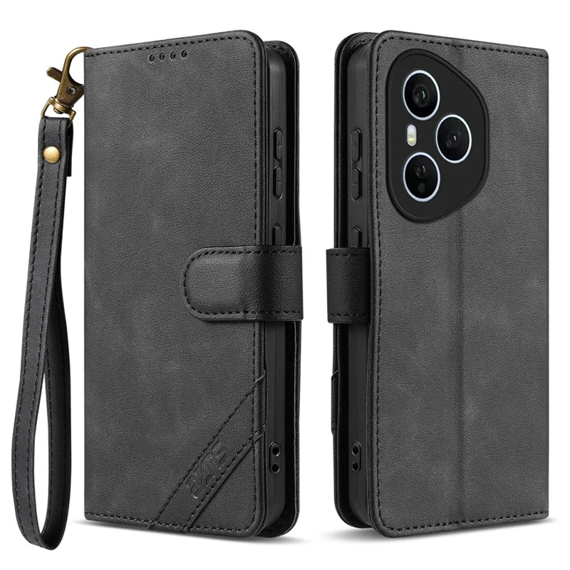 AZNS A2 for Honor 400 Pro 5G (Global) Leather Case with Wrist Strap RFID Blocking Wallet Stand Phone Cover - Black