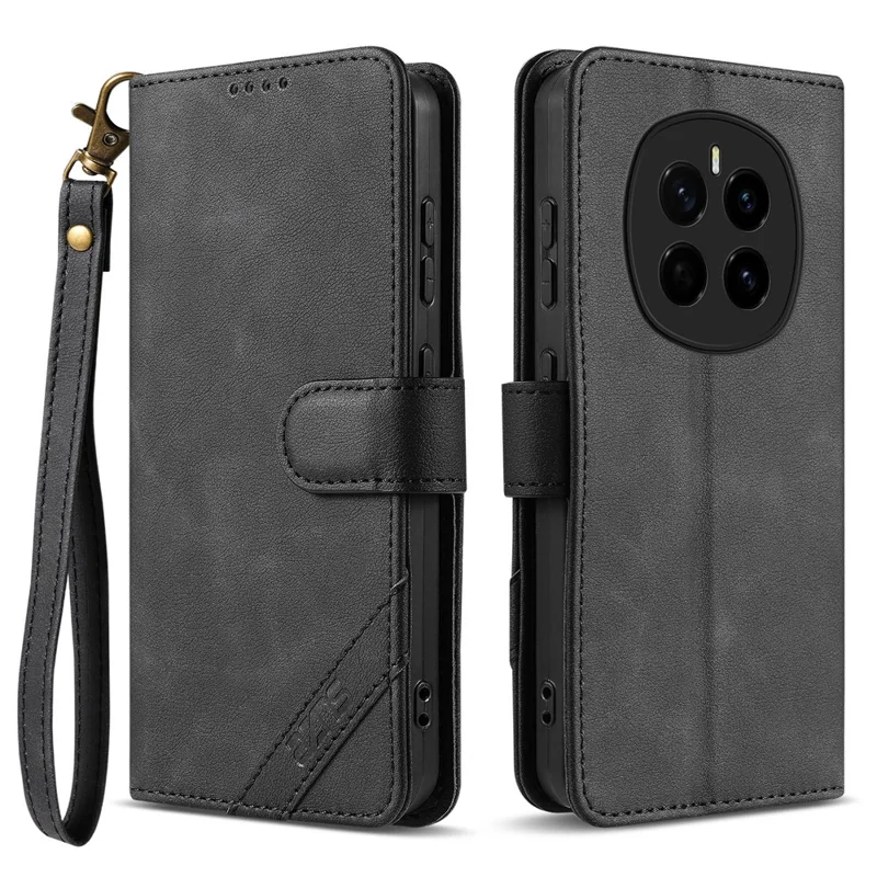 AZNS A2 for Honor Magic7 5G Leather Case with Wrist Strap RFID Blocking Wallet Stand Phone Cover - Black
