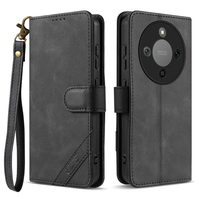 AZNS A2 Phone Case for Honor X70 5G  /  X9d 5G  /  Magic8 Lite 5G Leather Case with Wrist Strap RFID Blocking Wallet Stand Phone Cover - Black