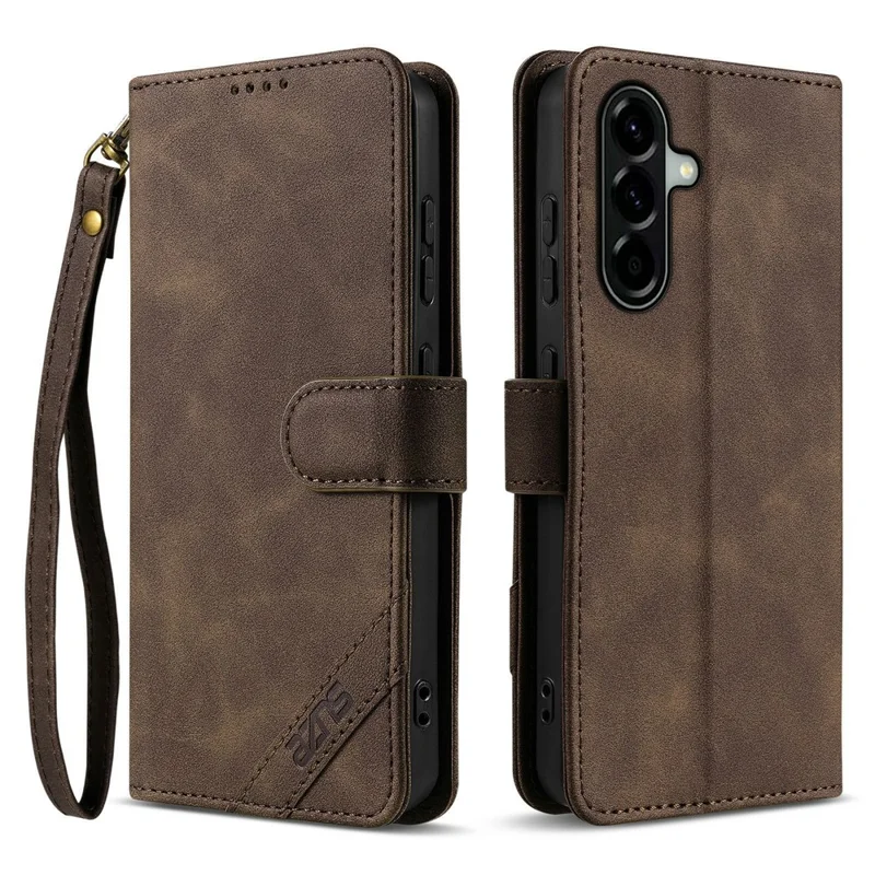 AZNS A2 for Samsung Galaxy A56 5G Leather Case with Wrist Strap RFID Blocking Wallet Stand Phone Cover - Brown