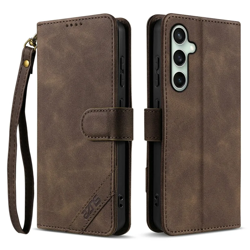 AZNS A2 for Samsung Galaxy S24 FE Leather Case with Wrist Strap RFID Blocking Wallet Stand Phone Cover - Brown