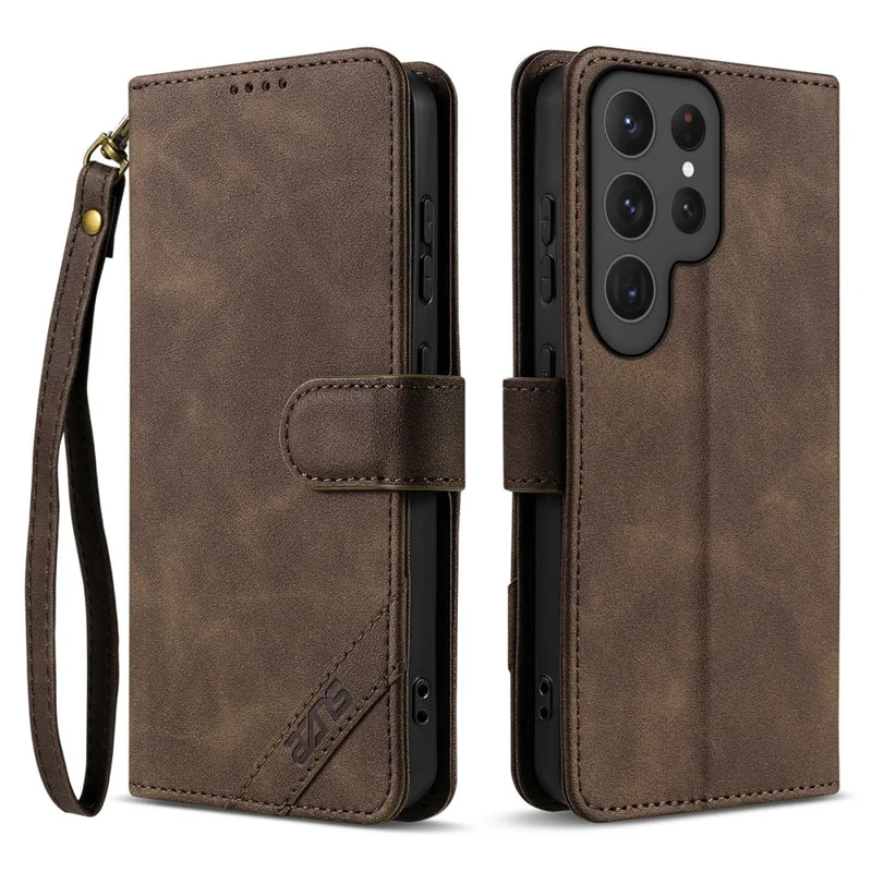 AZNS A2 for Samsung Galaxy S24 Ultra Leather Case with Wrist Strap RFID Blocking Wallet Stand Phone Cover - Brown