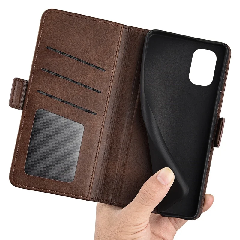 For Nokia G60 5G Dual Magnetic Clasp Wallet Case Calf Texture Stand Case PU Leather Phone Cover - Brown