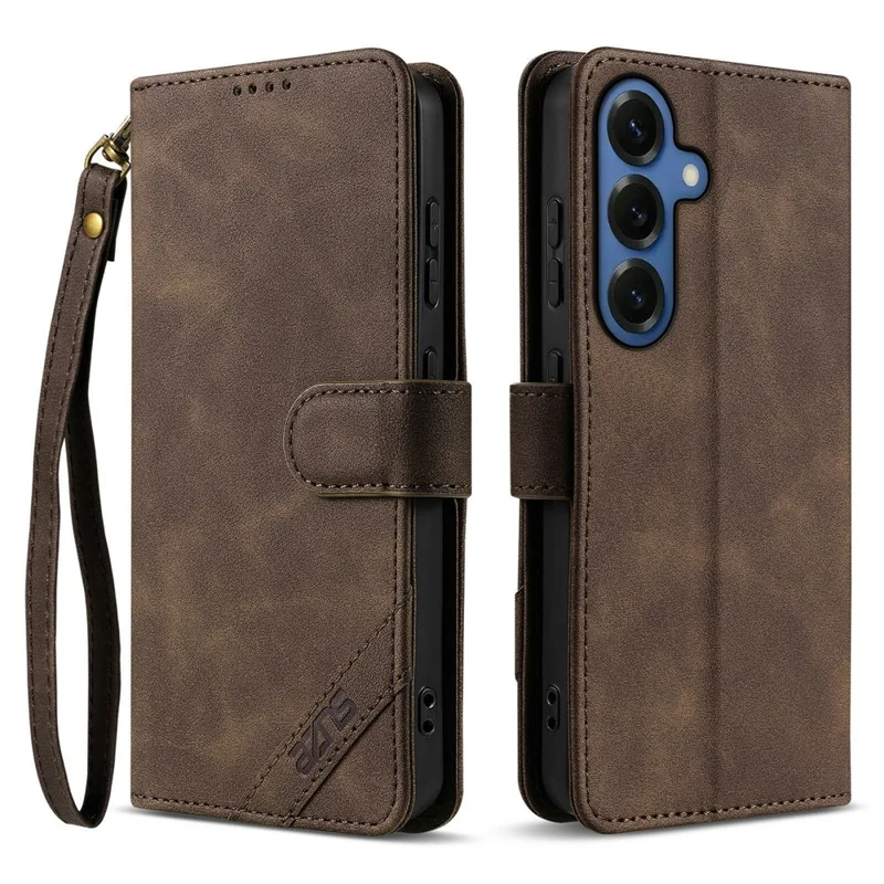 AZNS A2 for Samsung Galaxy S26 Leather Case with Wrist Strap RFID Blocking Wallet Stand Phone Cover - Brown