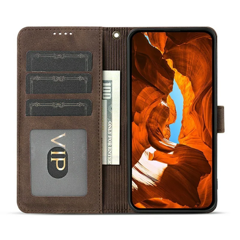 AZNS A2 for Samsung Galaxy S25 Ultra Leather Case with Wrist Strap RFID Blocking Wallet Stand Phone Cover - Brown