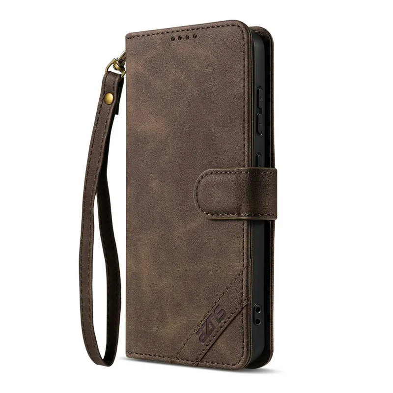 AZNS A2 for Samsung Galaxy S25 Ultra Leather Case with Wrist Strap RFID Blocking Wallet Stand Phone Cover - Brown