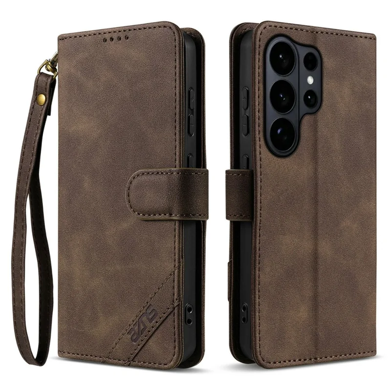 AZNS A2 for Samsung Galaxy S26 Ultra Leather Case with Wrist Strap RFID Blocking Wallet Stand Phone Cover - Brown