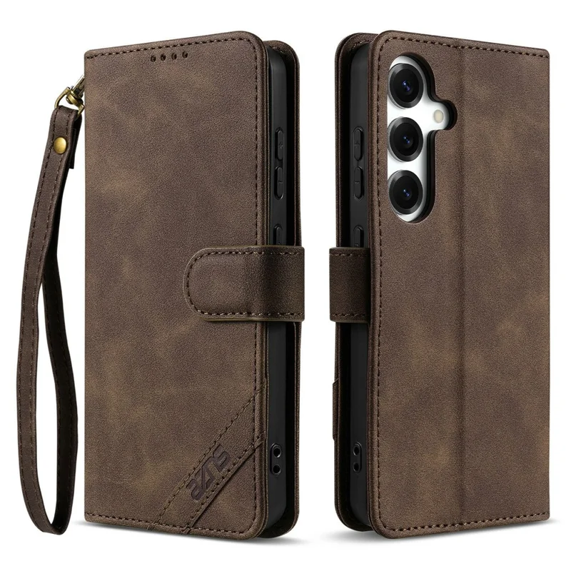 AZNS A2 for Samsung Galaxy S25 FE Leather Case with Wrist Strap RFID Blocking Wallet Stand Phone Cover - Brown