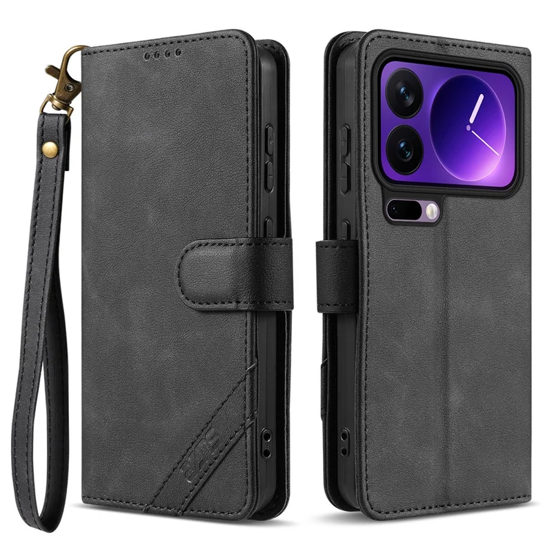 AZNS A2 for Xiaomi 17 Pro Leather Case with Wrist Strap RFID Blocking Wallet Stand Phone Cover - Black