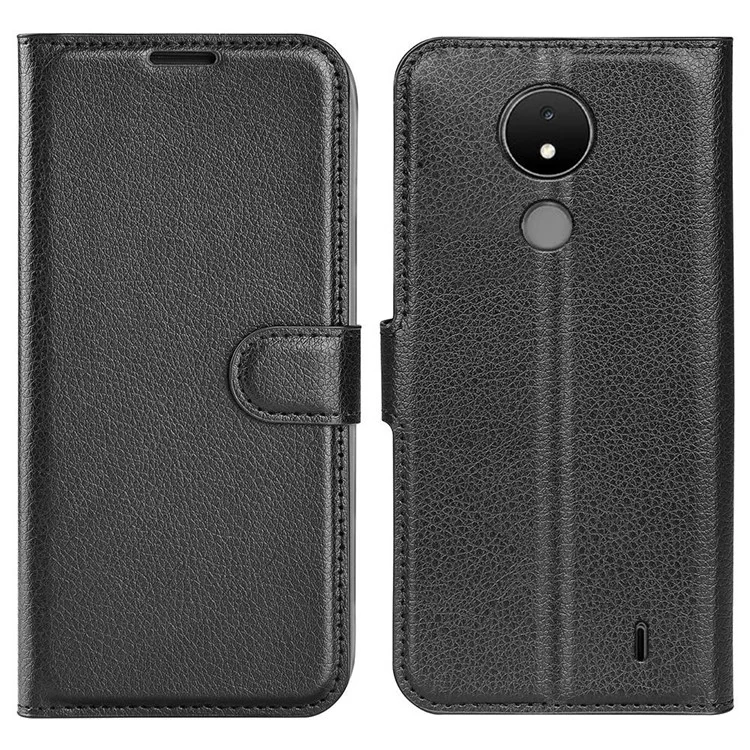 Pour Nokia C21 Litchi Texture Flip Phone Cover Stand Wallet PU Leather + TPU Case - Noir