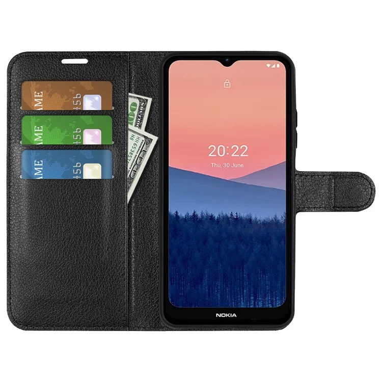 Pour Nokia C21 Litchi Texture Flip Phone Cover Stand Wallet PU Leather + TPU Case - Noir