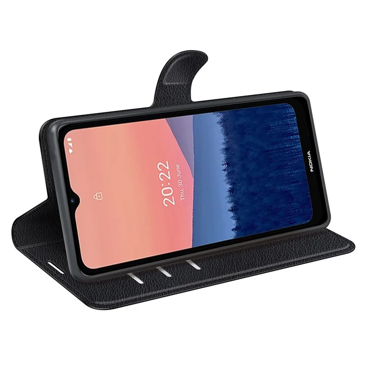 Pour Nokia C21 Litchi Texture Flip Phone Cover Stand Wallet PU Leather + TPU Case - Noir