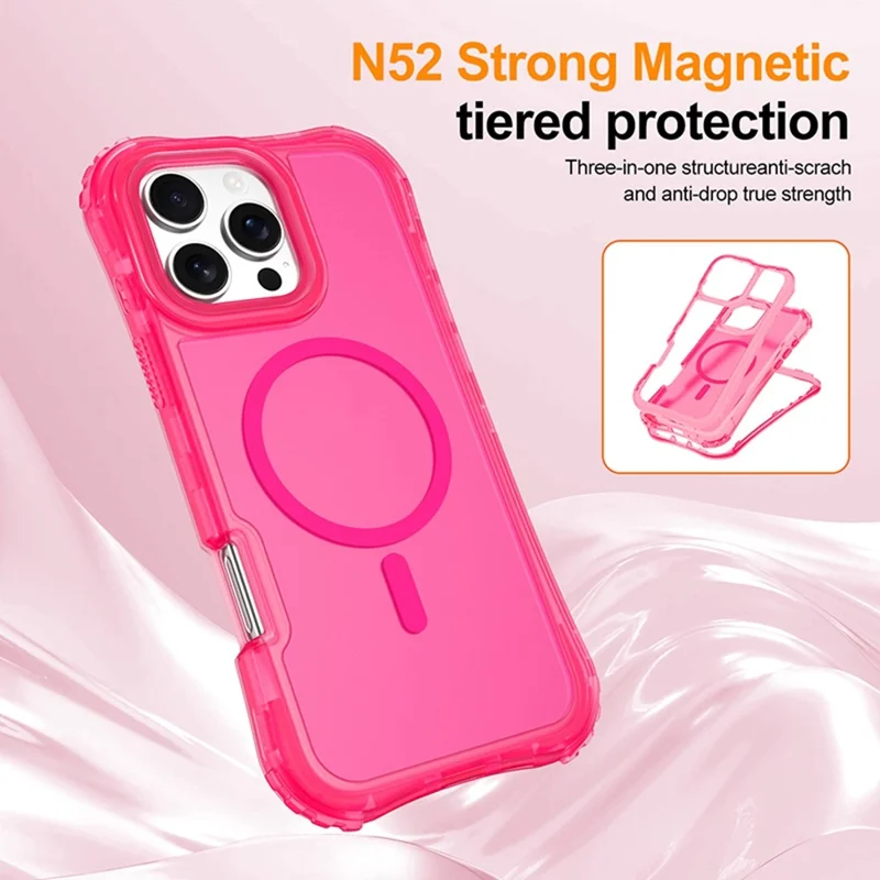 Coque magnétique pour iPhone 16 Pro Max, finition douce au toucher, 2-en-1, housse anti-chocs en PC+TPU compatible MagSafe - Rose bonbon